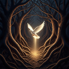 Abstract image of a glowing white dove descending into a dark tangle of roots.
