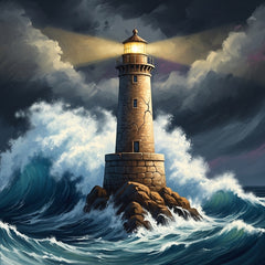 A stone lighthouse stands firm against a powerful storm, its golden light cutting through the darkness.