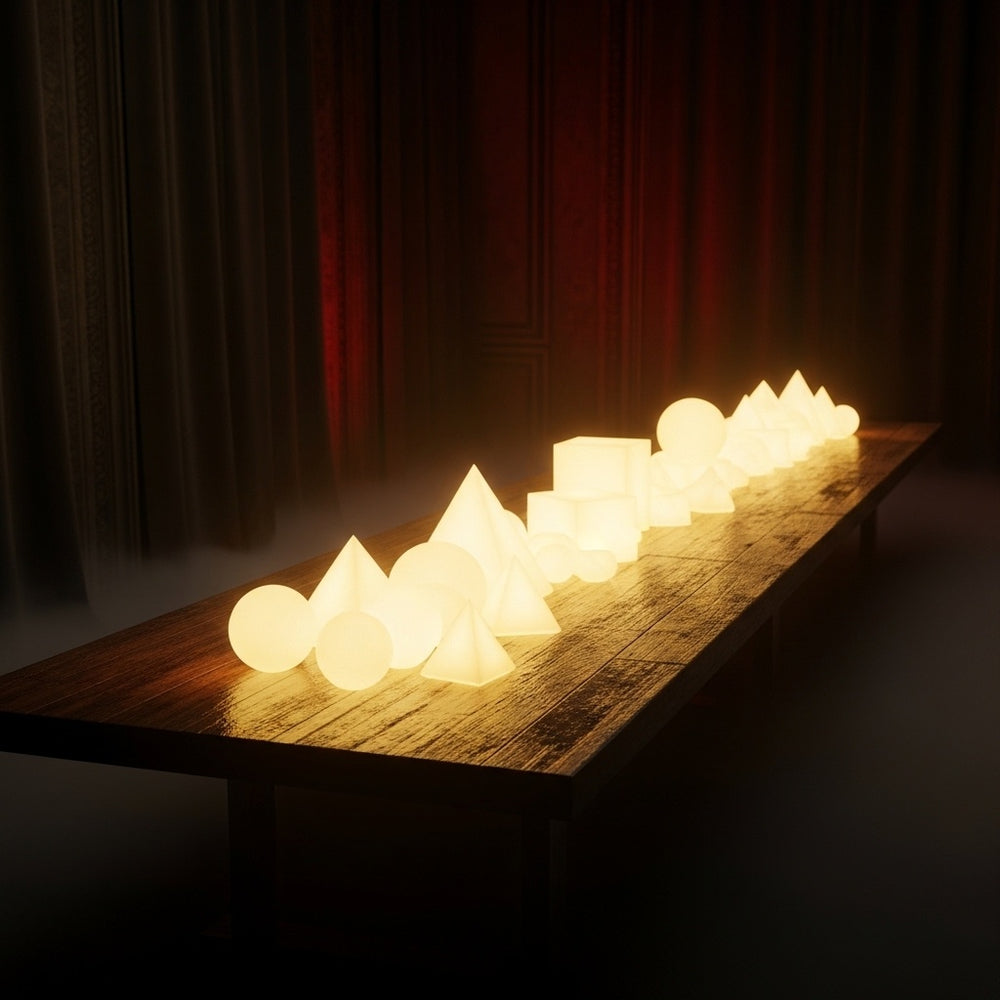 A long, glowing banquet table in a dark, abstract space, covered in shapes of golden light.