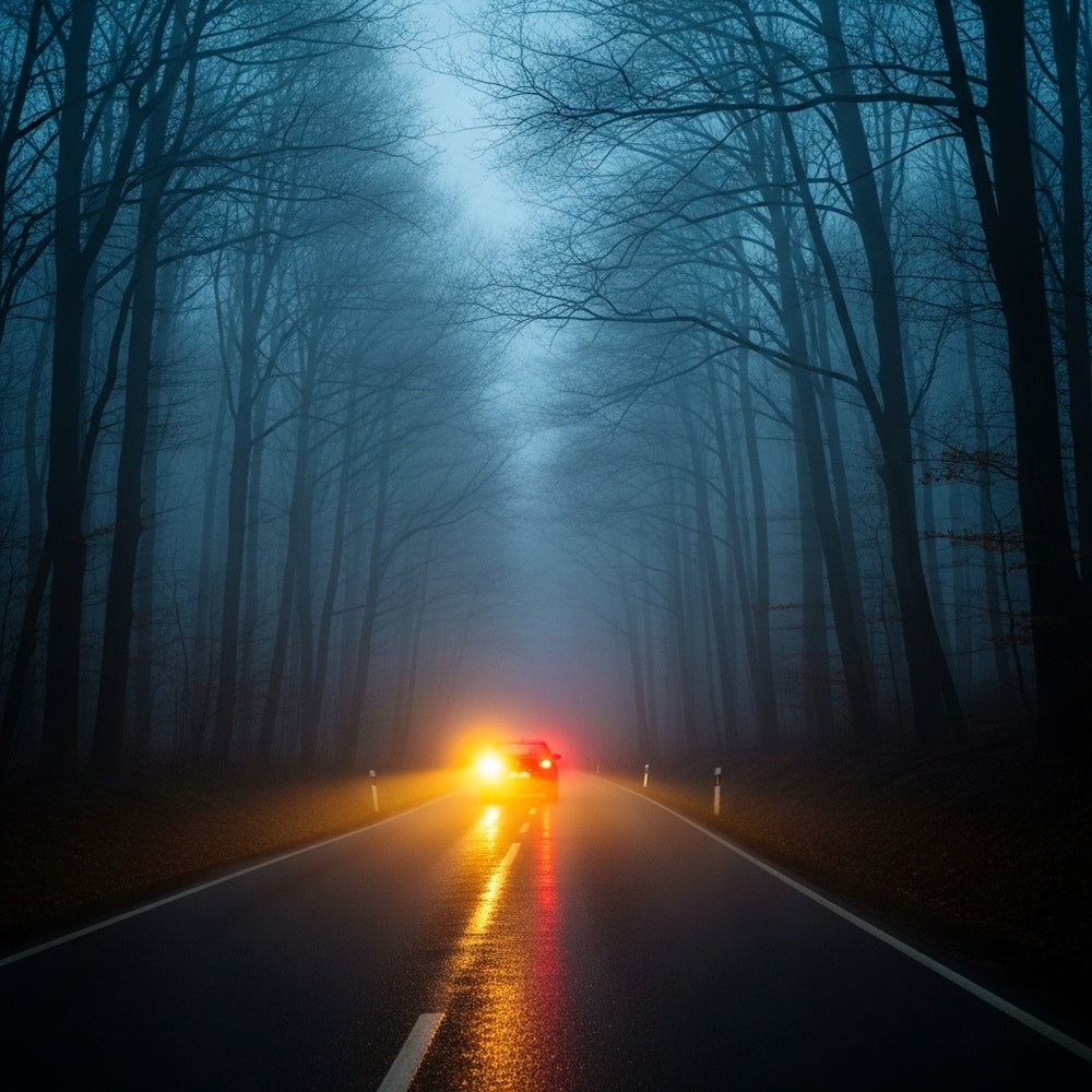 Headlights illuminating a wet, foggy road through a dark forest at twilight.