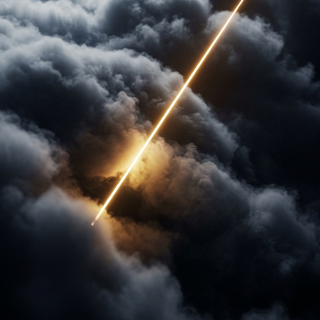 A thin, golden line of light shines steadily through a dark, abstract storm of chaos.