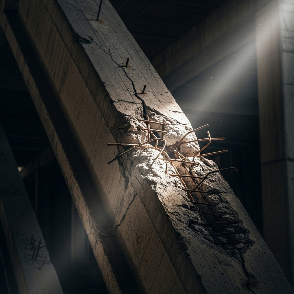 A cracked concrete beam with exposed rebar, illuminated by a dramatic slice of light in a dark space.