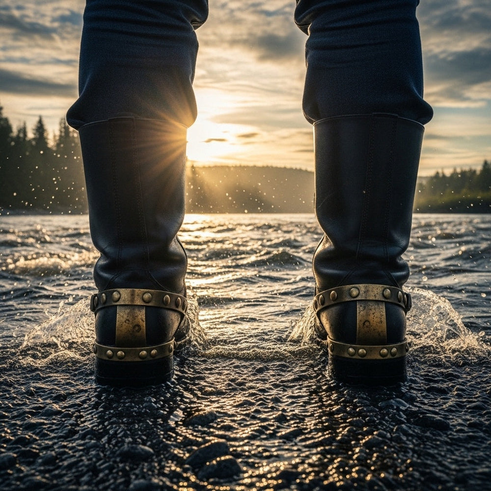 Worn leather boots shod in metal standing at the edge of a rushing river at sunrise.