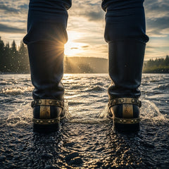 Worn leather boots shod in metal standing at the edge of a rushing river at sunrise.
