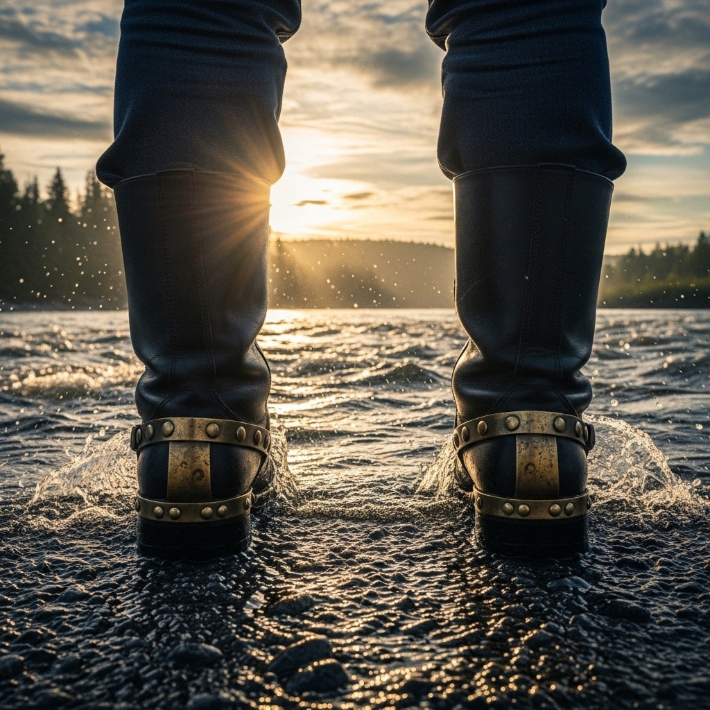 Worn leather boots shod in metal standing at the edge of a rushing river at sunrise.