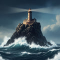 A lighthouse on a solid rock stands firm against a stormy, churning sea.