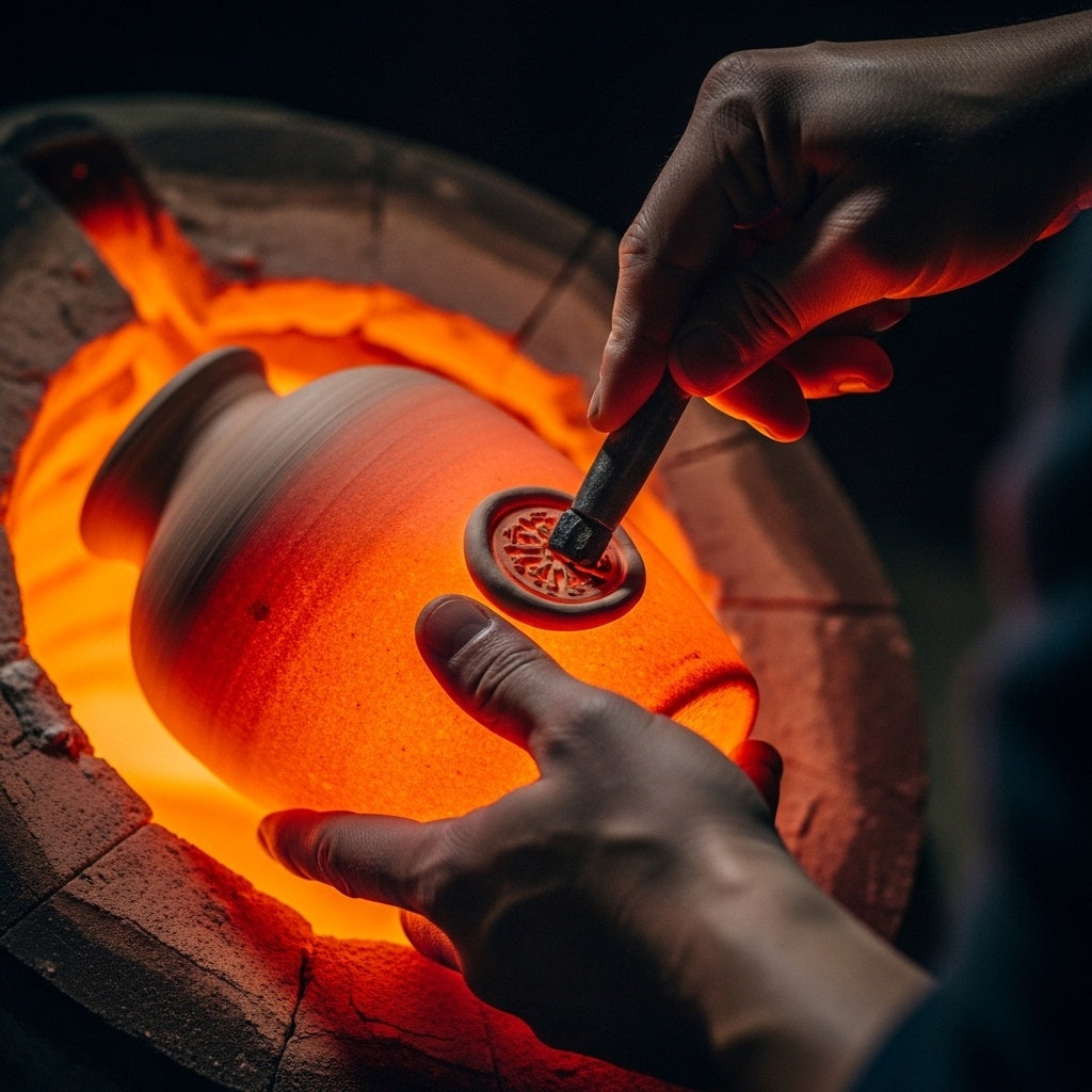 A glowing piece of pottery being carefully removed from a fiery kiln by a craftsman's hands.