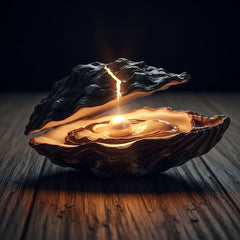 A glowing pearl emerging from a cracked oyster shell on a dark, rustic table.
