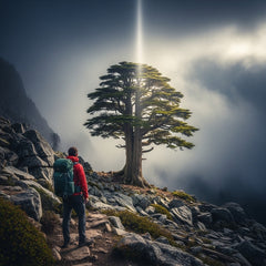 A lone hiker on a misty mountain trail gazes at a majestic, sunlit cedar tree.