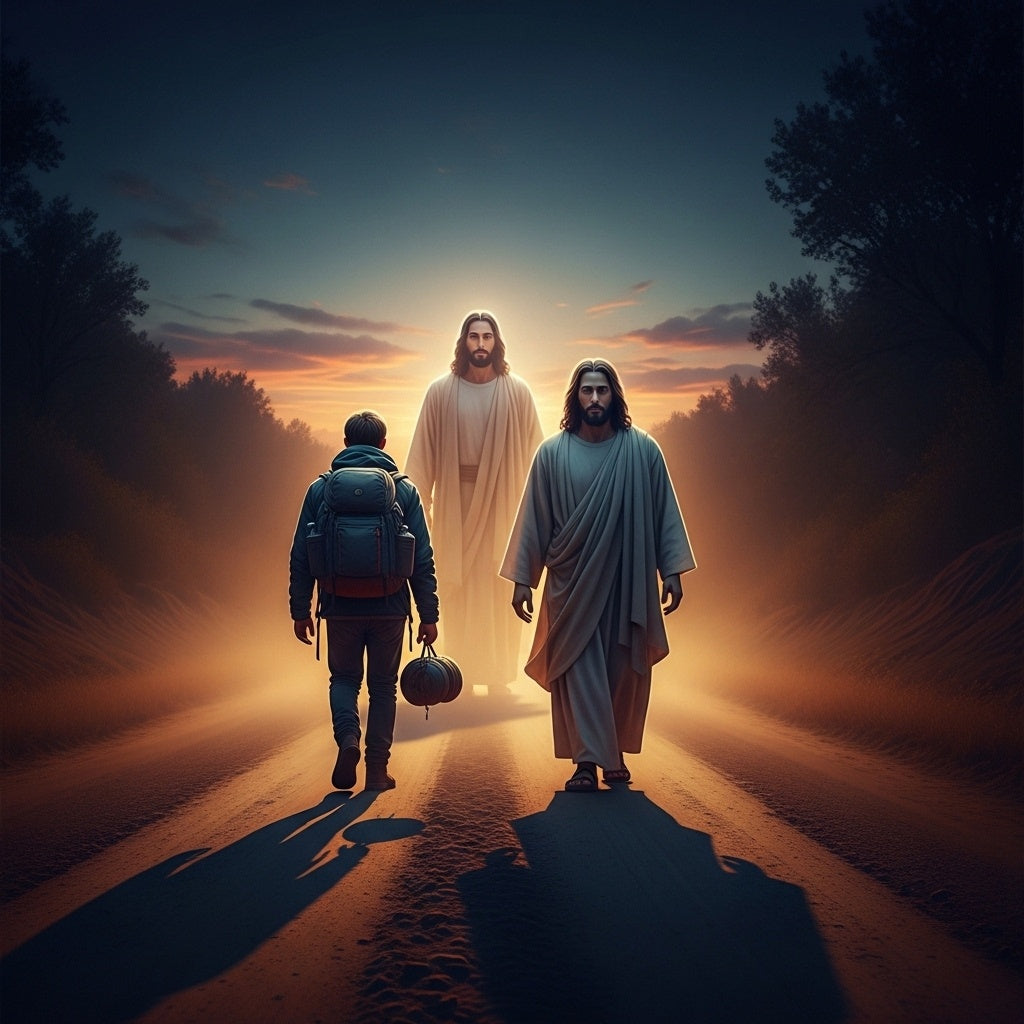 A traveler on a difficult road accompanied by the luminous figure of Jesus as a guide.