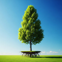 A healthy tree on a perfect lawn with its shallow, vulnerable roots exposed on the surface.