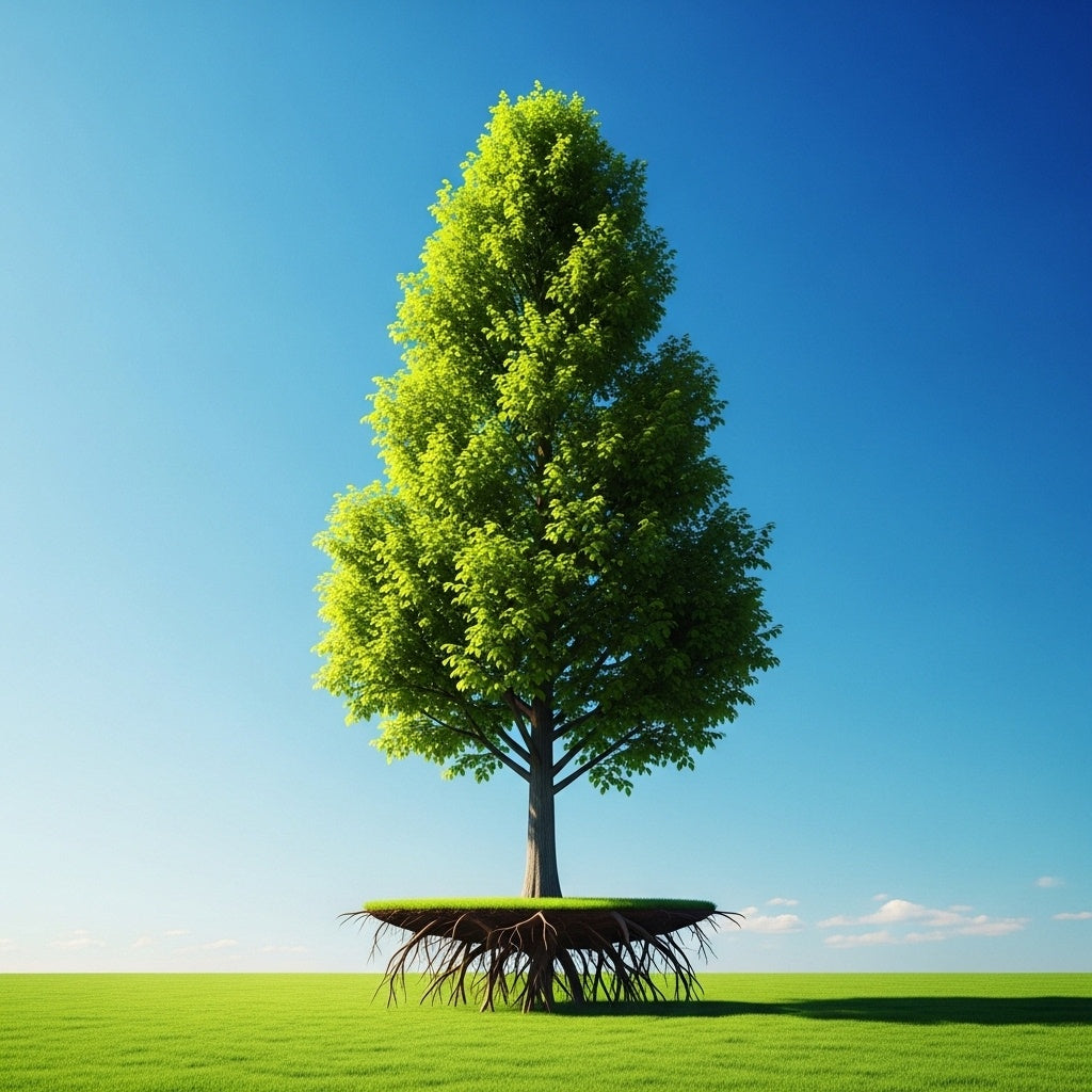 A healthy tree on a perfect lawn with its shallow, vulnerable roots exposed on the surface.