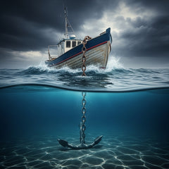 A small boat on a stormy sea, with a heavy anchor chain leading to calm waters below.