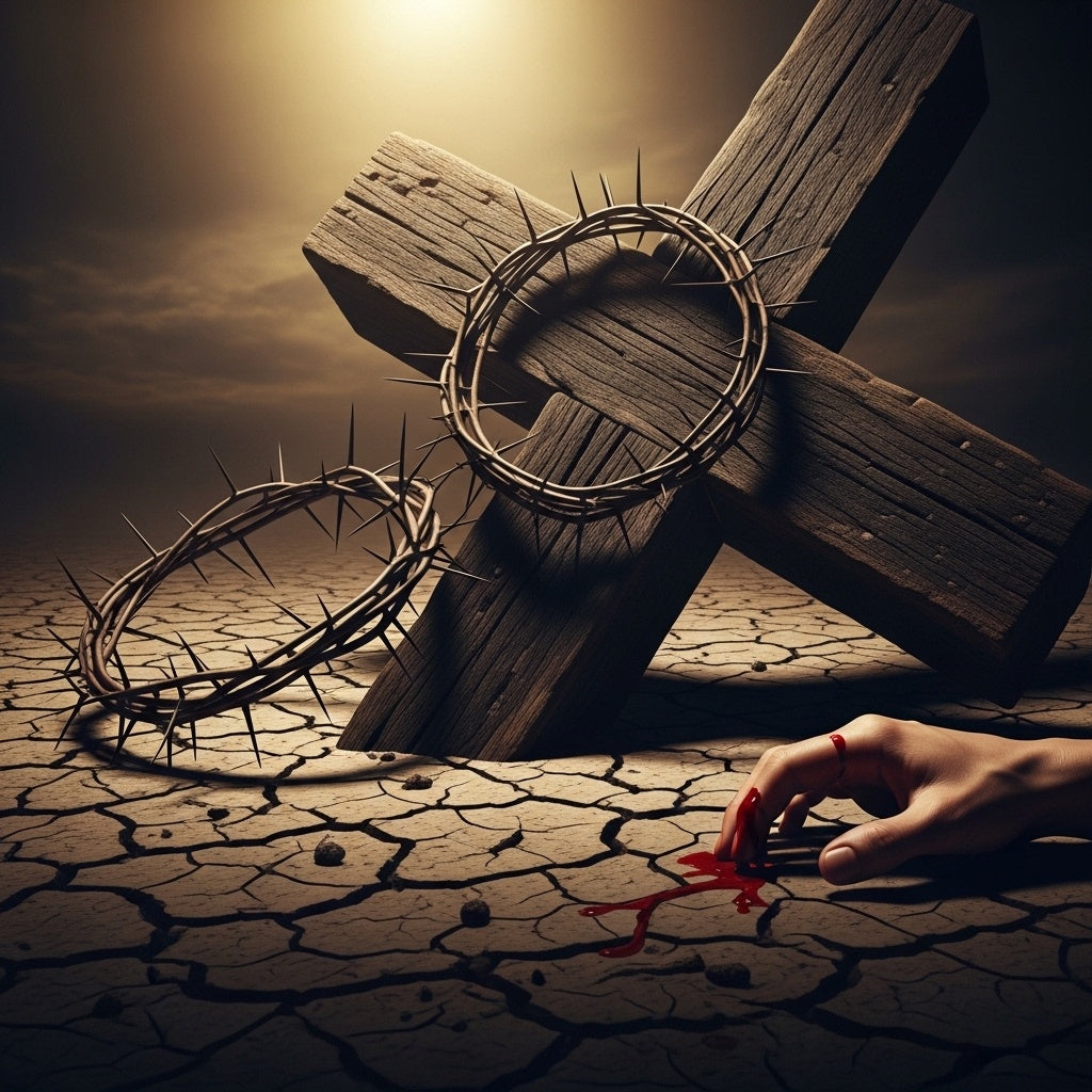A dramatic close-up of the base of the cross, with a crown of thorns and a pierced hand.