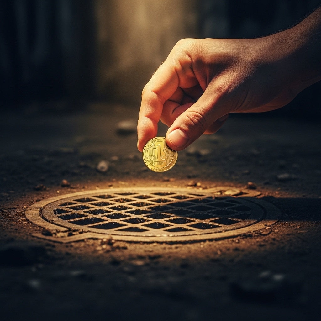 Hands lifting a single gold coin out of a dark, muddy sewer grate.