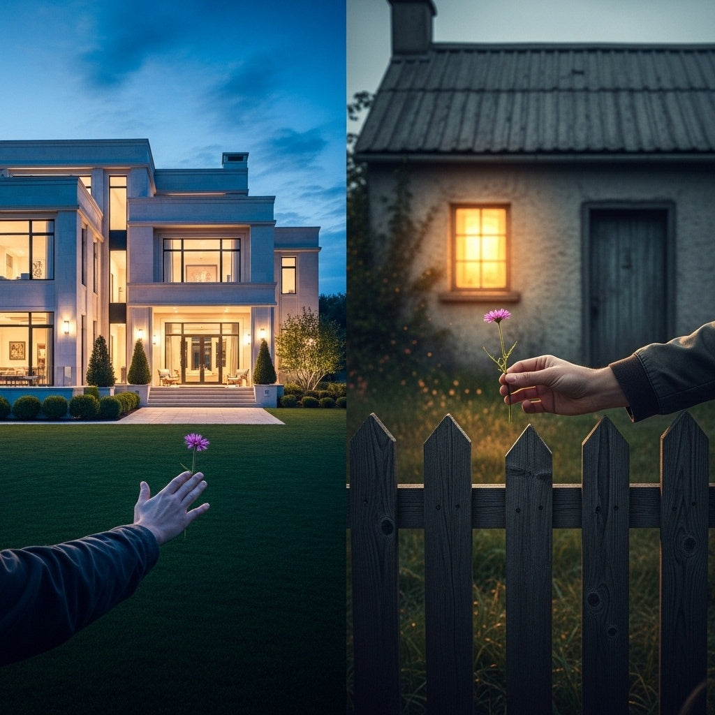 A hand reaches over a fence from a humble cottage to offer a flower to a neighboring mansion.