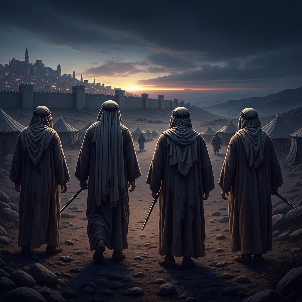 Four lepers turn their back on a besieged city and walk into the twilight toward a sliver of hope.