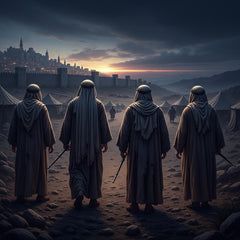 Four lepers turn their back on a besieged city and walk into the twilight toward a sliver of hope.