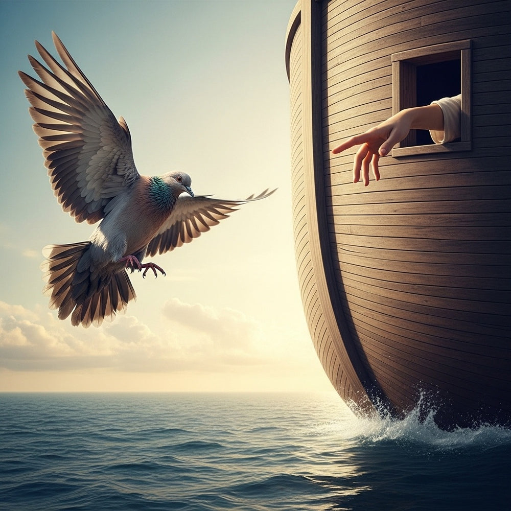 An exhausted dove being pulled into the safety of Noah's ark by a gentle hand.
