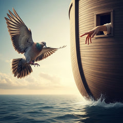 An exhausted dove being pulled into the safety of Noah's ark by a gentle hand.