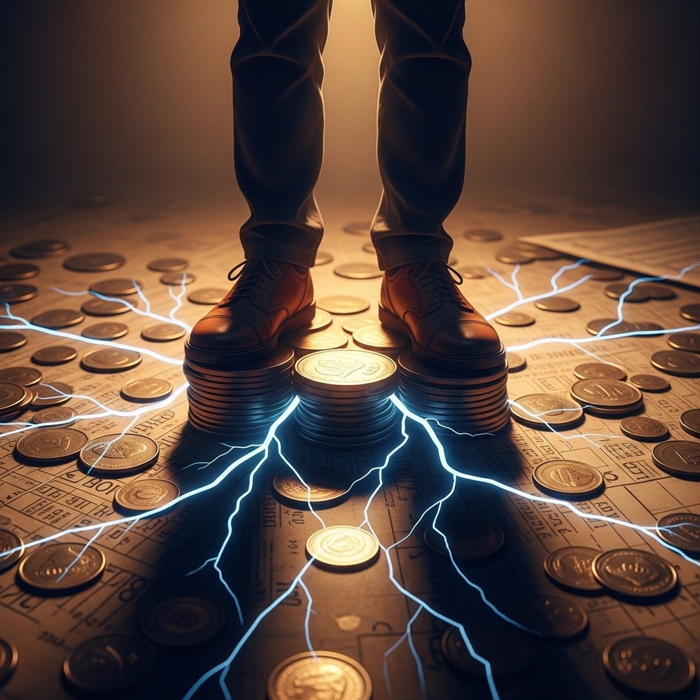 A person stands on cracking ground made of coins and ledgers, unaware of the danger of falling.
