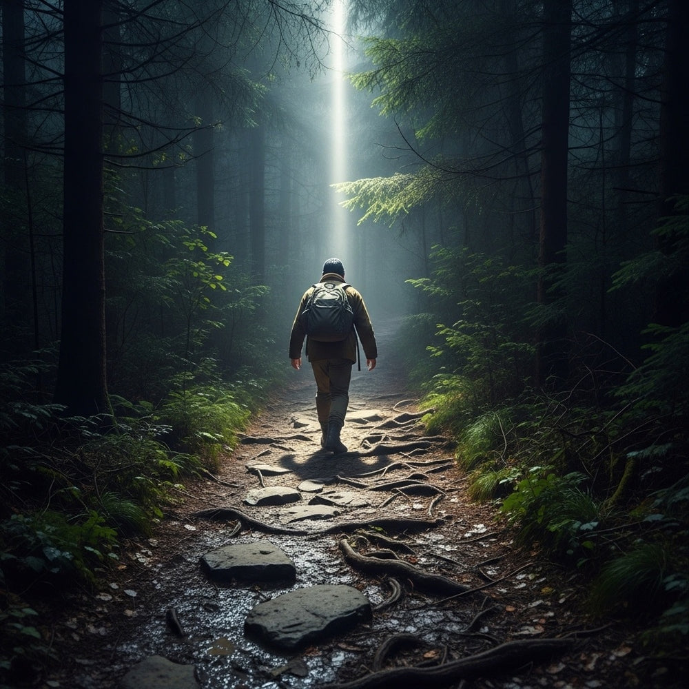 A person walking on a muddy, dangerous path in a forest, guided by a beam of light.