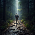 A person walking on a muddy, dangerous path in a forest, guided by a beam of light.