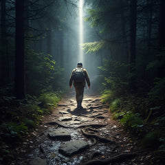 A person walking on a muddy, dangerous path in a forest, guided by a beam of light.