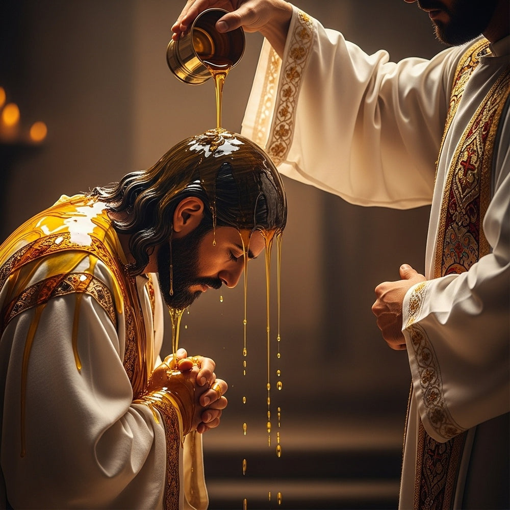 Golden oil being poured over a priest's head, flowing down and saturating his white robes.