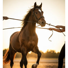 A powerful horse being gently held back by reins from an unseen source, bathed in golden light.