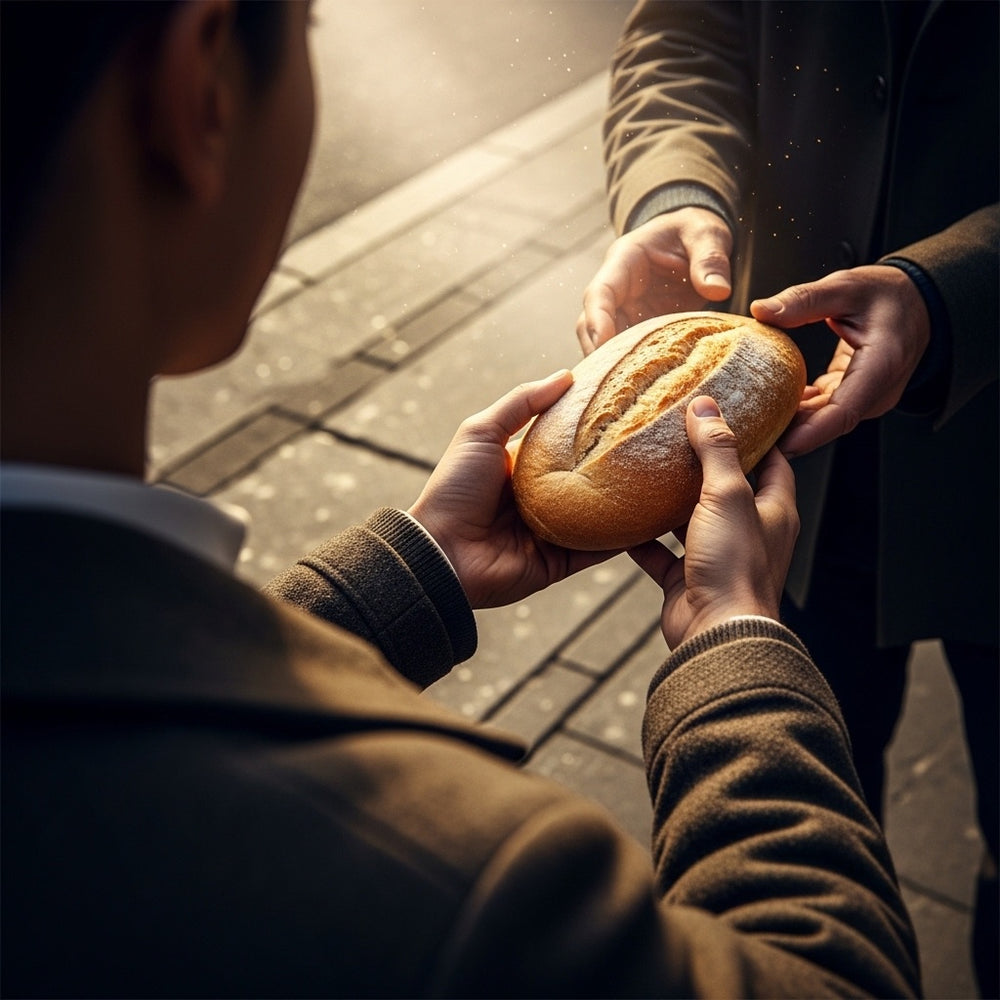 One person's hands offer a loaf of bread to another person's weathered hands on a city sidewalk.