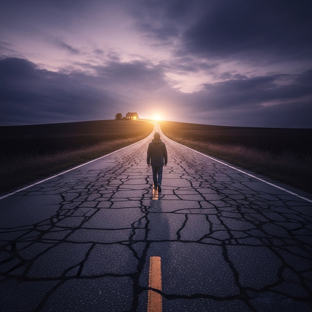 A person walking a difficult, cracked road towards a warm, lit house on a distant hill.