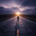 A person walking a difficult, cracked road towards a warm, lit house on a distant hill.