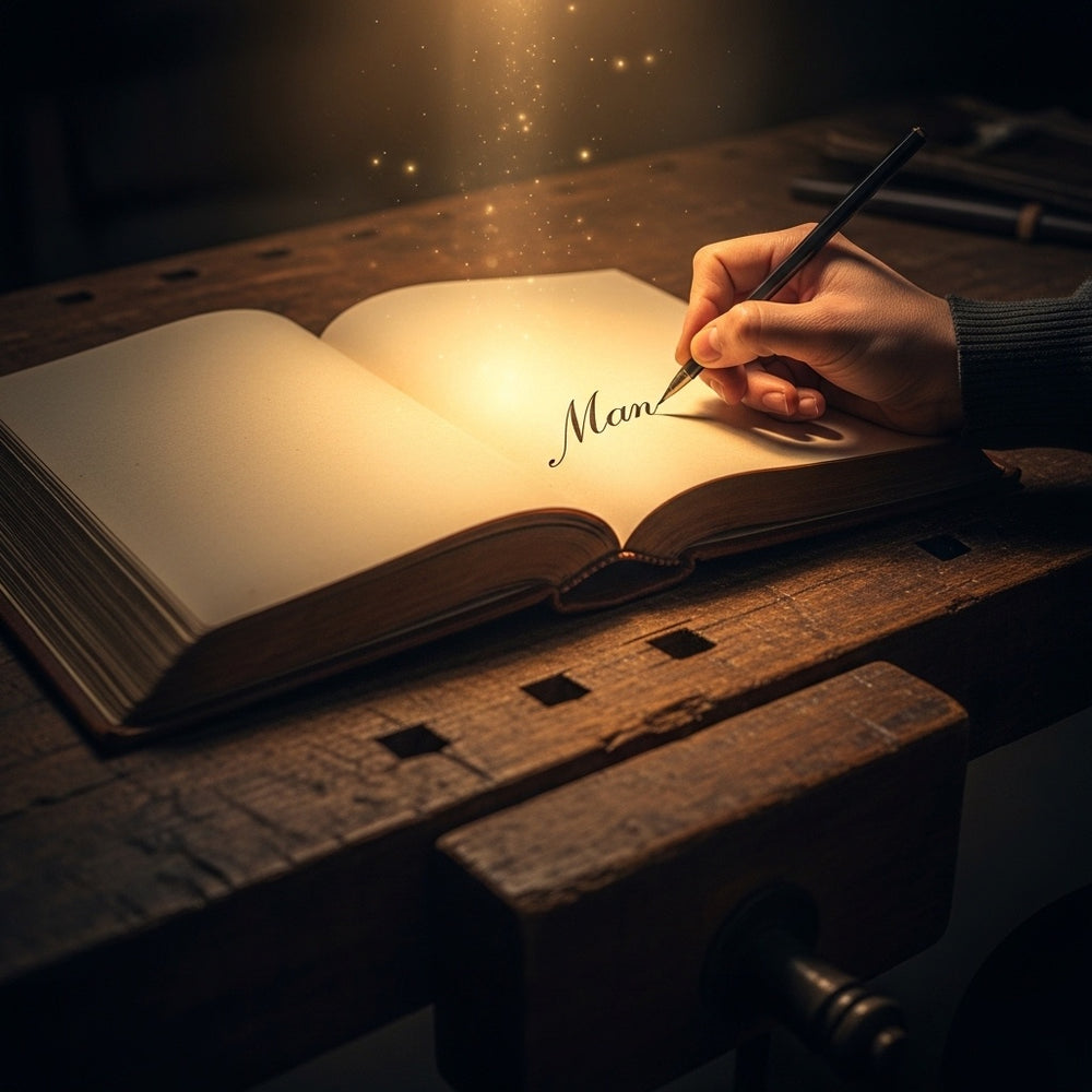 A divine hand writing a name into an ancient, open book on a wooden table.