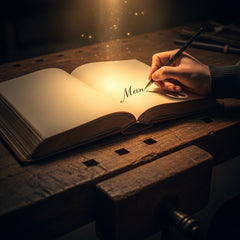 A divine hand writing a name into an ancient, open book on a wooden table.