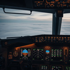 The view from a calm airplane cockpit with glowing instruments, flying through a thick and turbulent fog.