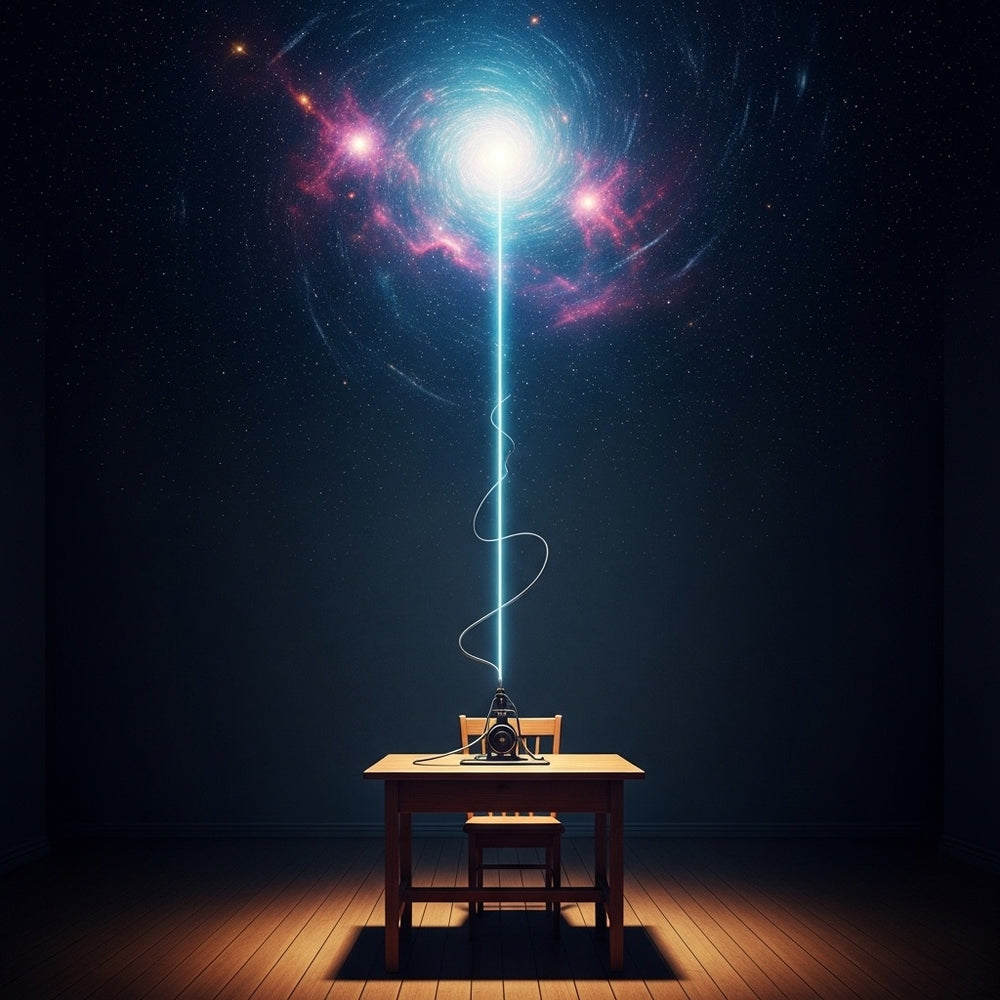 A telegraph wire connecting a simple desk to a starry cosmos, with light pulsing along it.