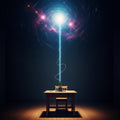 A telegraph wire connecting a simple desk to a starry cosmos, with light pulsing along it.
