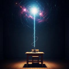 A telegraph wire connecting a simple desk to a starry cosmos, with light pulsing along it.
