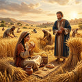 A woman eats bread peacefully in a golden wheat field, a picture of satisfaction and provision.