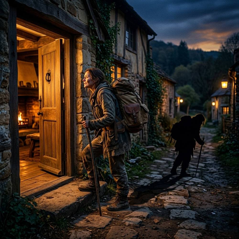 A tired traveler standing at an open, warmly lit doorway at dusk.