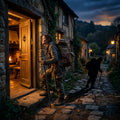 A tired traveler standing at an open, warmly lit doorway at dusk.