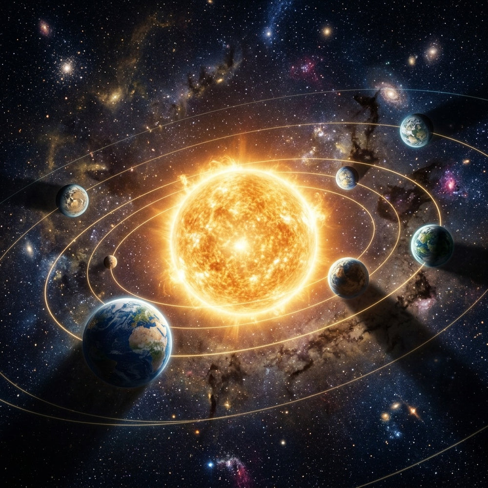 Planets with visible orbital lines rotating around a central, brilliant star in the dark of space.