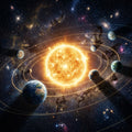 Planets with visible orbital lines rotating around a central, brilliant star in the dark of space.