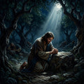 Jesus praying alone in Gethsemane at night, illuminated by moonlight, his disciples asleep in the distance.