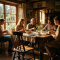An empty wooden chair at a family table, illuminated by a single ray of sunlight.