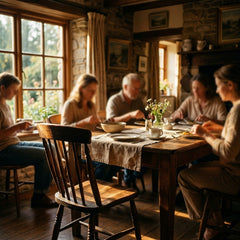 An empty wooden chair at a family table, illuminated by a single ray of sunlight.