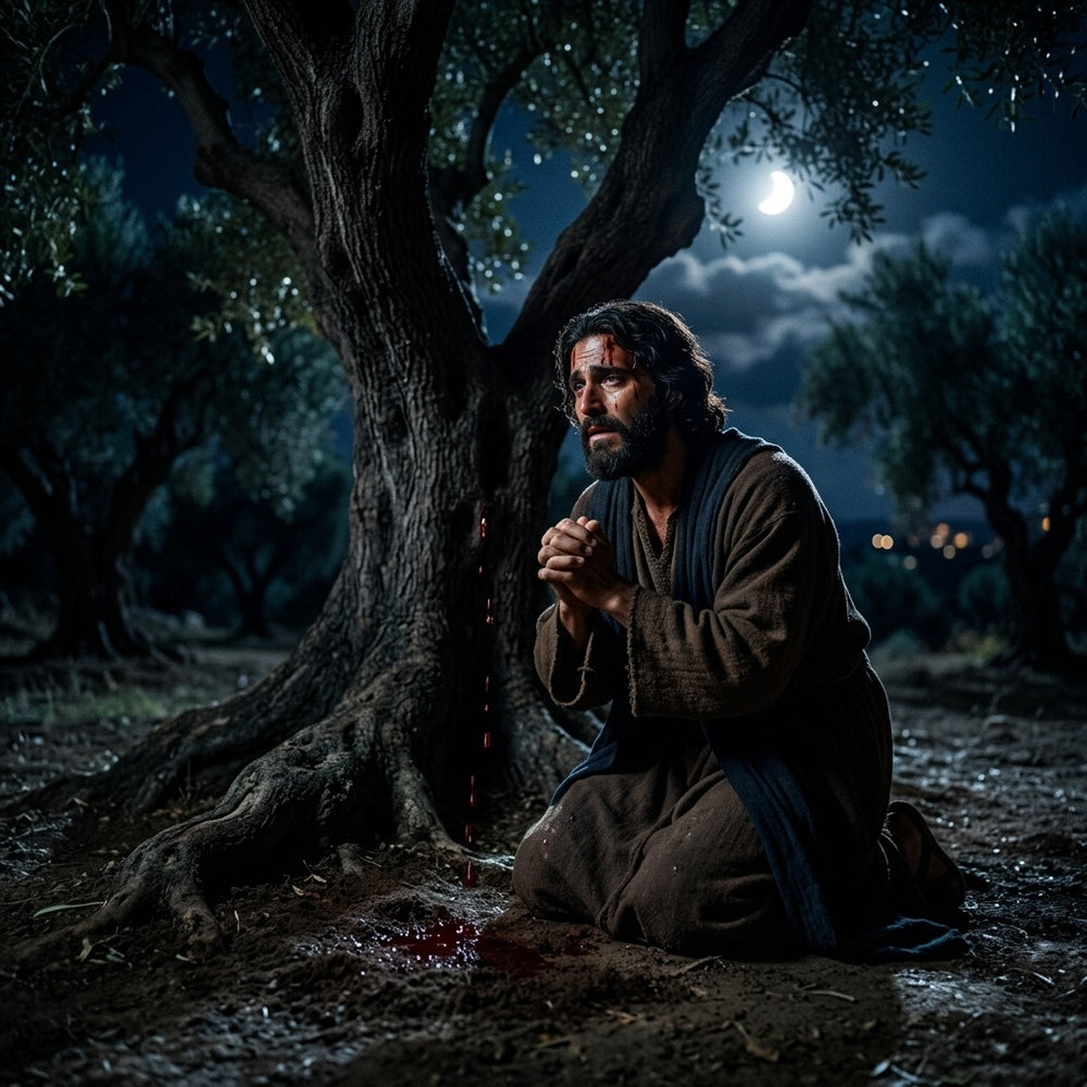 Jesus kneeling in anguish in Gethsemane at night, with drops of blood falling to the ground.