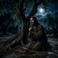 Jesus kneeling in anguish in Gethsemane at night, with drops of blood falling to the ground.