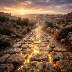 Weathered stones on a dusty road at sunrise, glowing with an internal golden light.